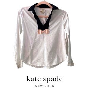 Kate Spade Girl’s White Long Sleeve Blouse Black Collar Pink Bow Size 10 YO